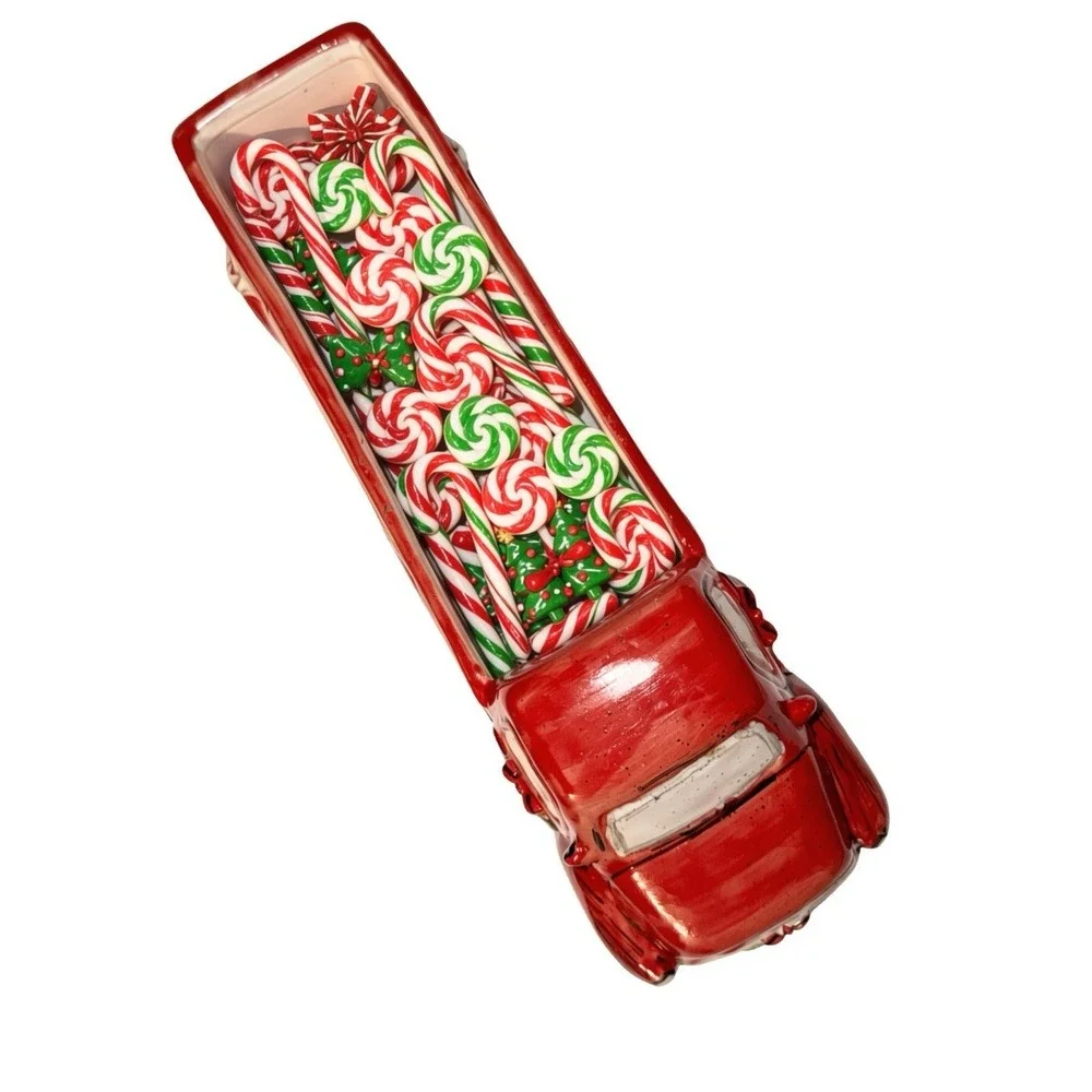Mud Pie Merry Truck Ceramic Christmas Cracker Or Candy Dish Red Vintage Truck